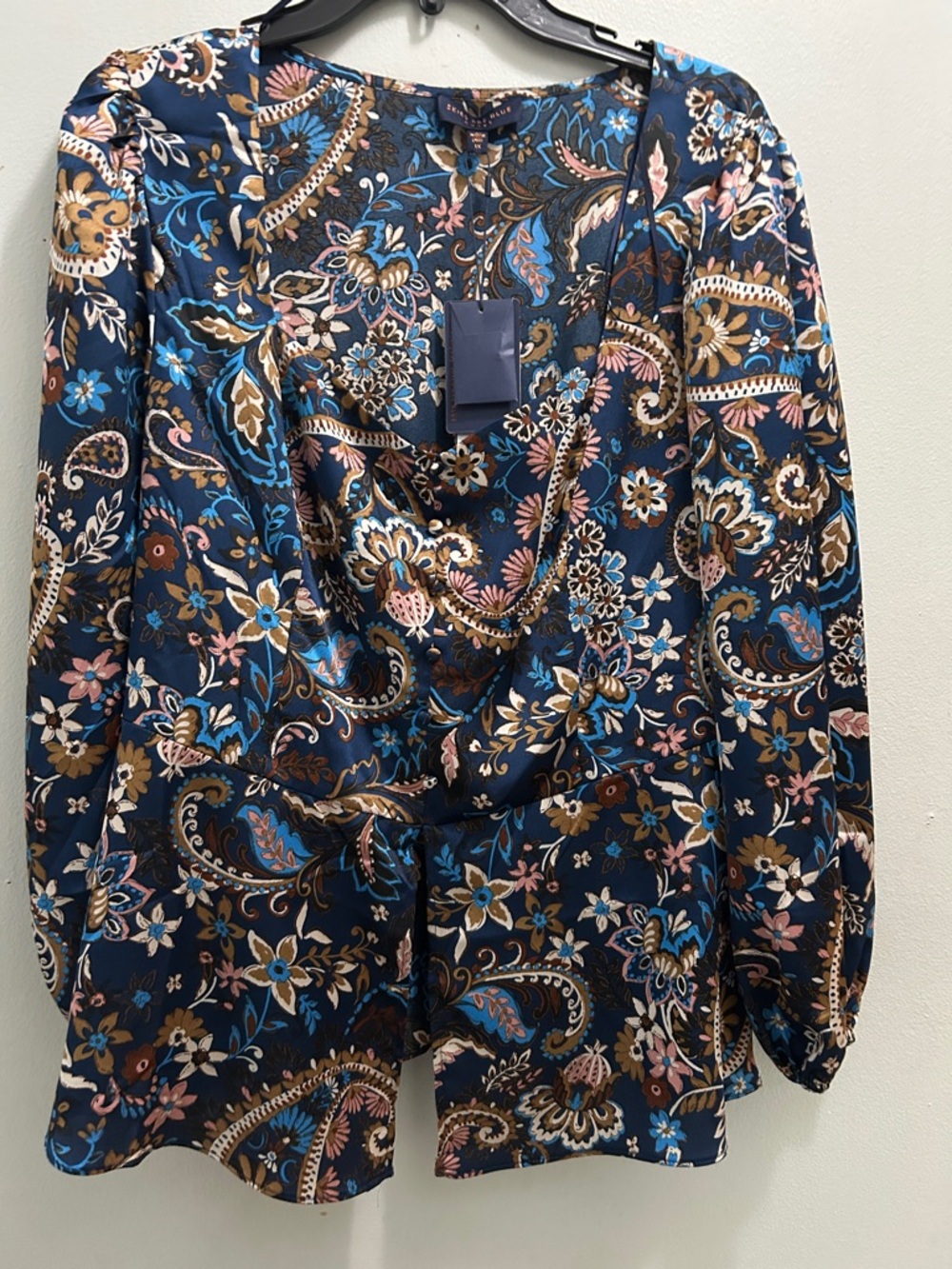 Skies Are Blue Navy Satin Paisley Blouse with Cowl Neck